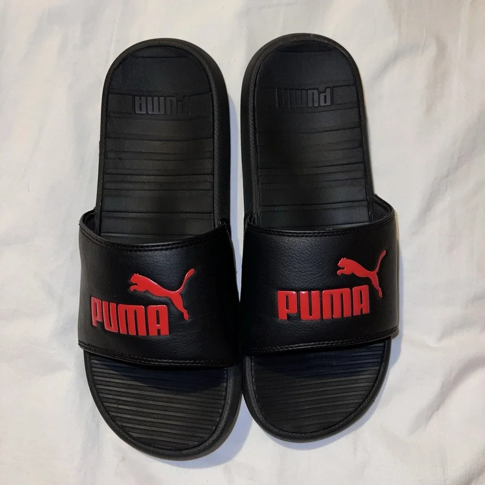 Puma Sandals Mens 9 Cool Cat Casual Slip On Flats Slides Black Red Faux Leather - Picture 2 of 9
